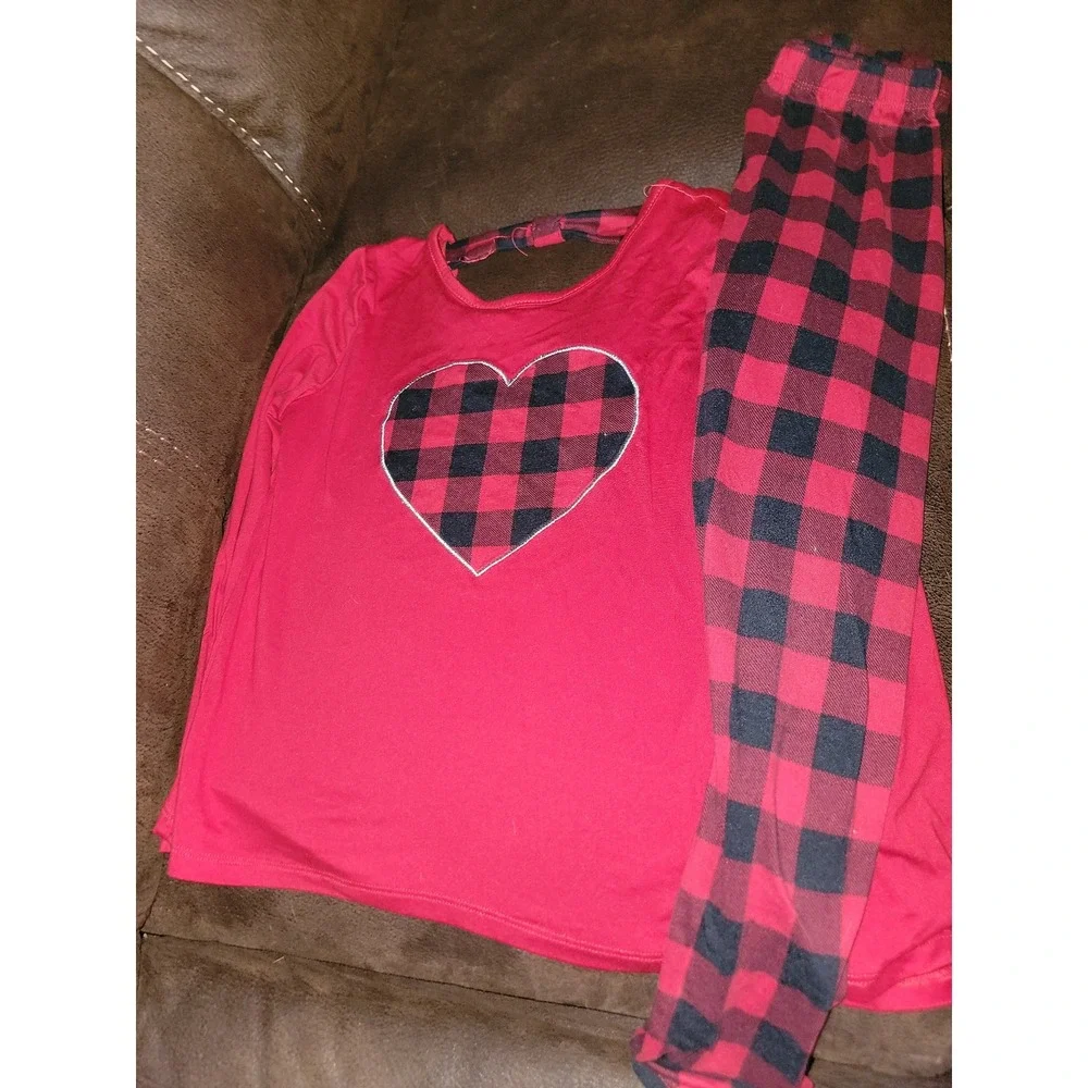 Btween holiday Christmas red buffalo plaid outfit top‎ leggings size 10